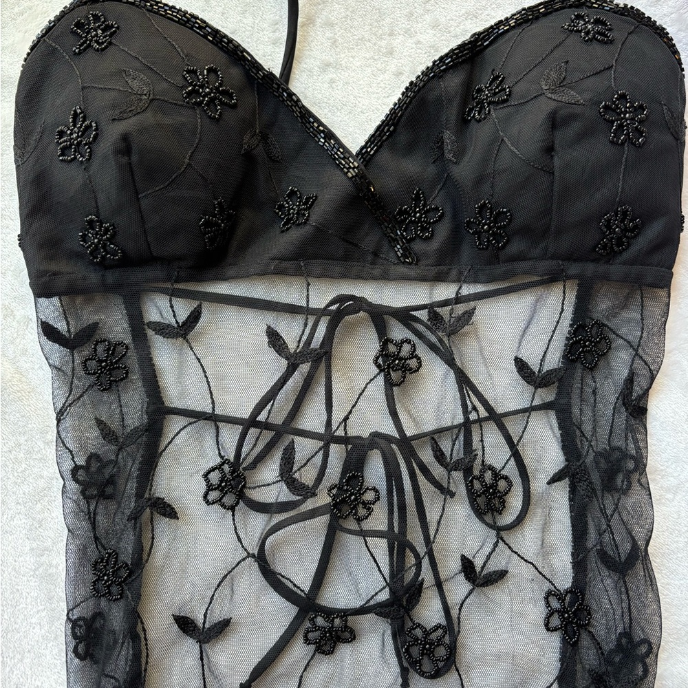 Black Sheer Floral Embroidered Halter Top - Picture 3 of 6